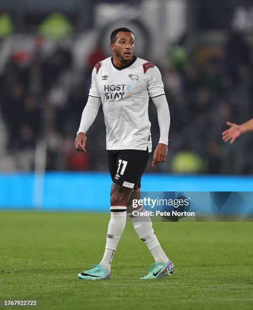 Nathaniel Mendez-Laing of Derby County in action during the Sky Bet League One match between Derby County and Northampton Town at Pride Park Stadium...