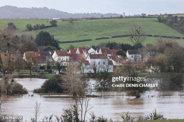 This photgraph taken on November 7, 2023 shows a general view of the flood in Isques, near Boulogne-sur-Mer, northern France. Dozens of communes were...