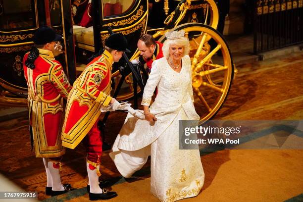 King Charles III and Queen Camilla arrive at the Sovereign's Entrance to the Palace of Westminster ahead of the State Opening of Parliament in the...