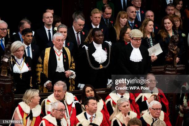 Black Rod Sarah Clarke and Speaker of The House of Commons Sir Lindsay Hoyle, stand in front of politicians including Prime Minister Rishi Sunak and...