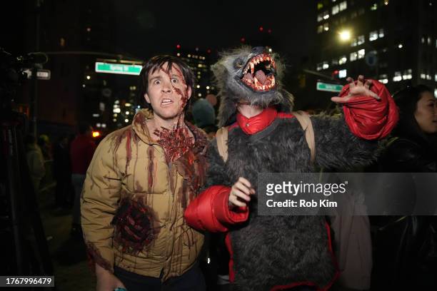 Parade goers wearing An American Werewolf in London costumes attend the 2023 New York City Halloween Parade on October 31, 2023 in New York City.
