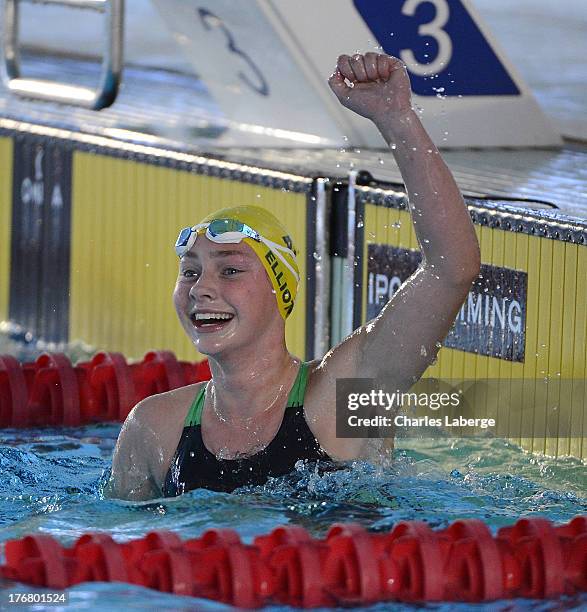 Maddison Elliott of Australia celebrates after winning the Women's 50M Freestyle S18 during day seven of the IPC Swimming World Championship at Parc...