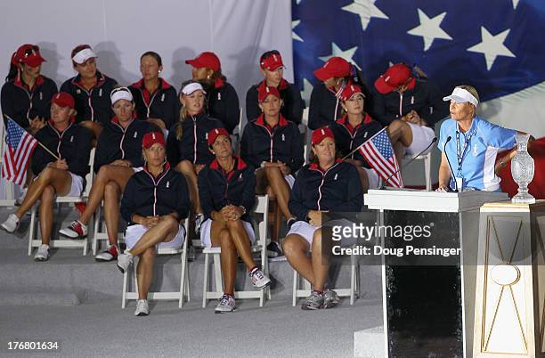 Captain Liselotte Neumann of Sweden and the European Team speaks during closing ceremonies as the United States Team looks on during closing...