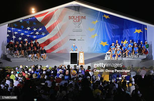 Captain Liselotte Neumann of Sweden and the European Team speaks during closing ceremonies of the 2013 Solheim Cup on August 18, 2013 at the Colorado...