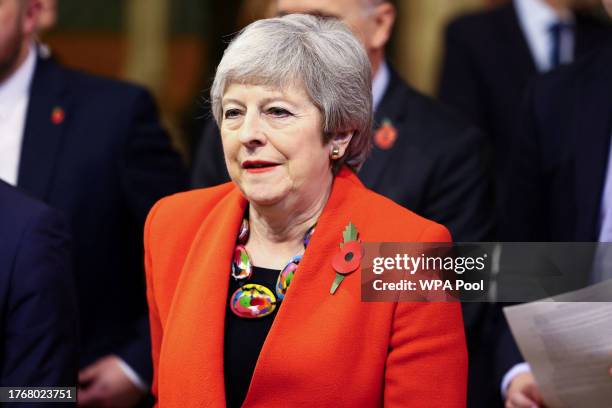 Former British Prime Minister Theresa May attends the State Opening of Parliament at the Houses of Parliament on November 7, 2023 in London, England....