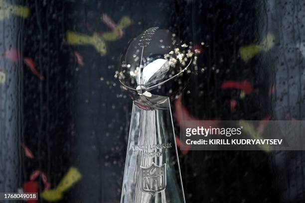 The Vince Lombardi Trophy is pictured ahead of the NFL season match Indianapolis Colts vs New England Patriots in central Frankfurt am Main, western...