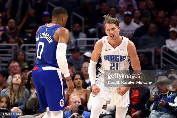 Moritz Wagner of the Orlando Magic reacts after a dunk against Russell Westbrook of the Los Angeles Clippers during the second quarter at Crypto.com...