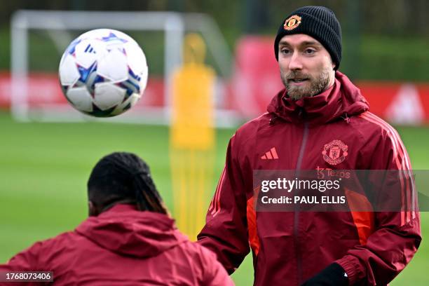 Manchester United's Danish midfielder Christian Eriksen attends a training session at the Carrington Training Complex in Manchester, north-west...