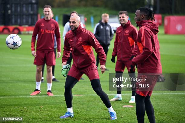 Manchester United Northern Irish defender Jonny Evans, Manchester United's Moroccan midfielder Sofyan Amrabat, Manchester United's English midfielder...