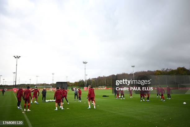 Manchester United's players take part in a training session at the Carrington Training Complex in Manchester, north-west England on November 7, 2023...