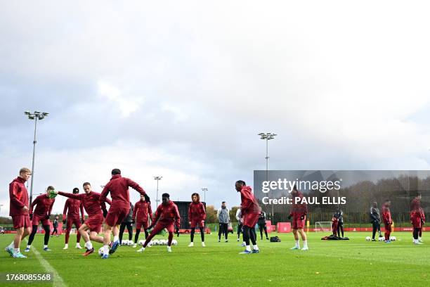 Manchester United's players take part in a training session at the Carrington Training Complex in Manchester, north-west England on November 7, 2023...