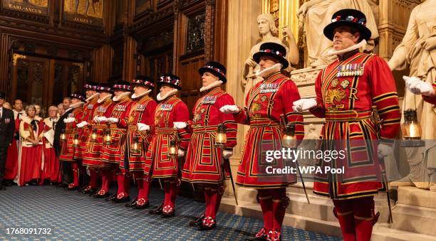 Yeoman warders take part in the ceremonial search ahead of the state opening of Parliament at the Houses of Parliament on November 7, 2023 in London,...