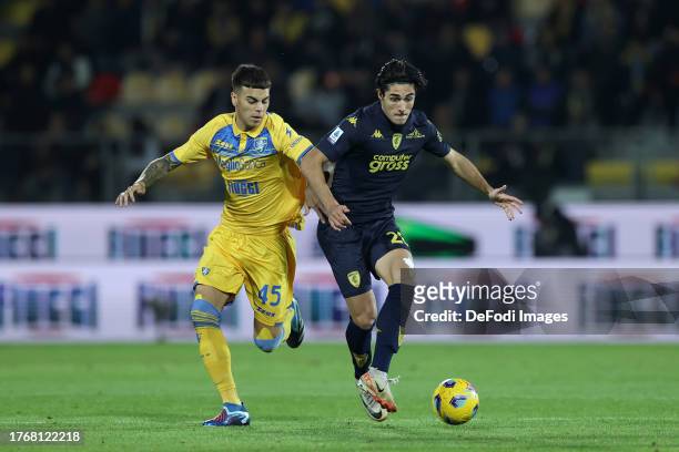 Enzo Berenechea of Frosinone Calcio and Matteo Cancellieri of Empoli FC battle for the ball during the Serie A TIM match between Frosinone Calcio and...