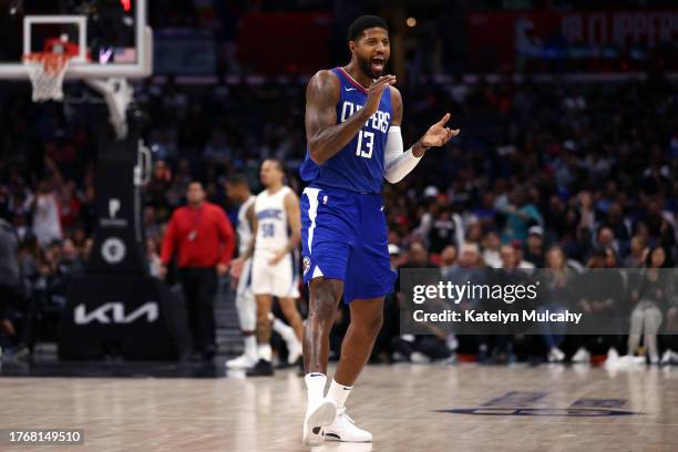 Paul George of the Los Angeles Clippers celebrates a three-point basket during the third quarter against the Orlando Magic at Crypto.com Arena on...