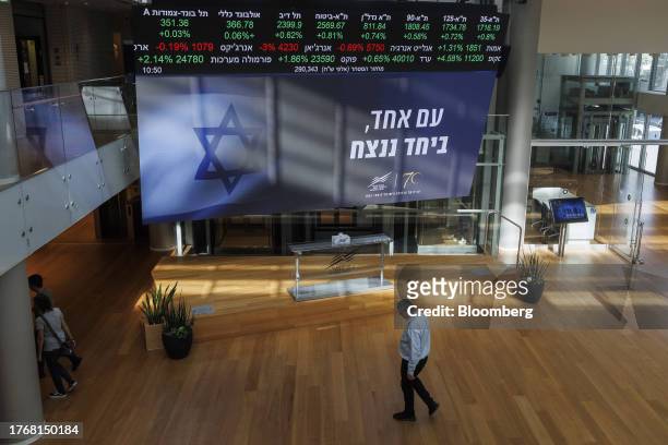 An electronic ticker displays stock price information above a sign reading 'With One, Together We Will Win' in the foyer of the Tel Aviv Stock...