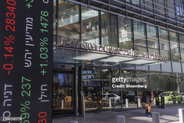 An electronic ticker displays stock price information on a totem sign outside the Tel Aviv Stock Exchange in Tel Aviv, Israel, on Tuesday, Nov. 7,...