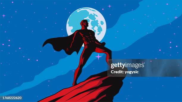 vector retro art deco superhero silhouette strong pose with night sky in the background stock illustration - 1930s era stock illustrations