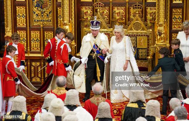 King Charles III and Queen Camilla attend the State Opening of Parliament at the Houses of Parliament on November 7, 2023 in London, England. The...