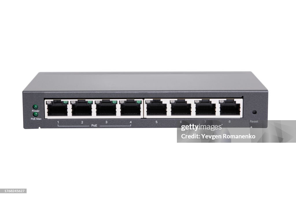 Ethernet Gigabit desktop switch with 8 ports isolated on white background