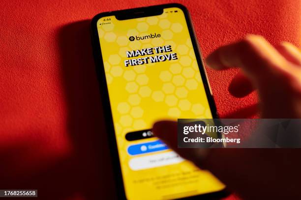 The Bumble app on a smartphone arranged in New York, US, on Monday, Nov. 6, 2023. Bumble Inc. Released earnings figures on November 7. Photographer:...