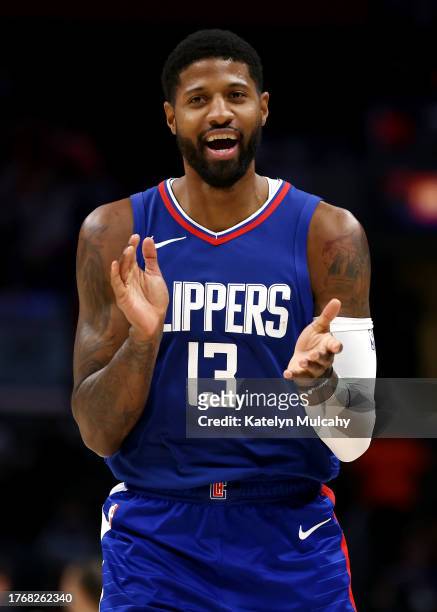 Paul George of the Los Angeles Clippers celebrates a three-point basket during the third quarter against the Orlando Magic at Crypto.com Arena on...