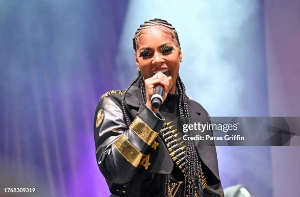 Singer Ashanti onstage during Nelly's "G.I. Moe" Halloween Birthday Celebration on October 31, 2023 in Fairburn, Georgia.