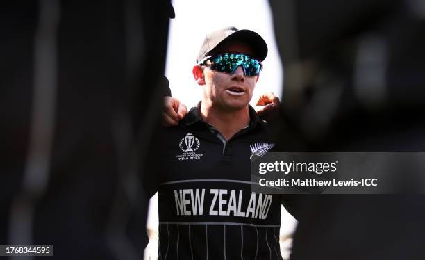 Tom Latham of New Zealand speaks to their side in the huddle during the ICC Men's Cricket World Cup India 2023 between New Zealand and South Africa...