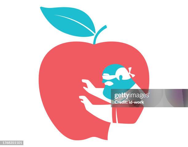 blindfolded senior man searching with apple - blindfold man stock illustrations