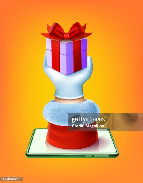 santa's digital gift, embracing tradition and technology - opening gift close up stock illustrations