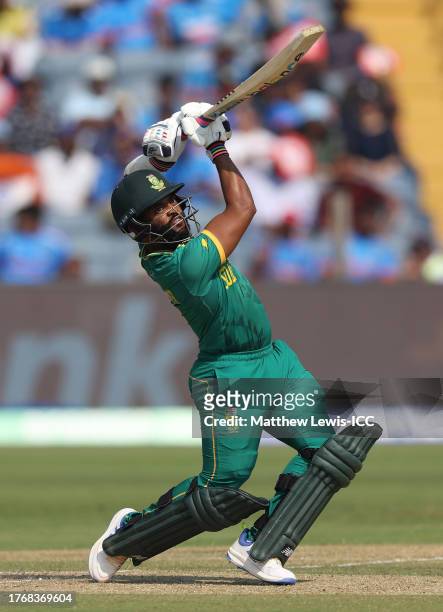 Temba Bavuma of South Africa plays a shot during the ICC Men's Cricket World Cup India 2023 between New Zealand and South Africa at MCA International...