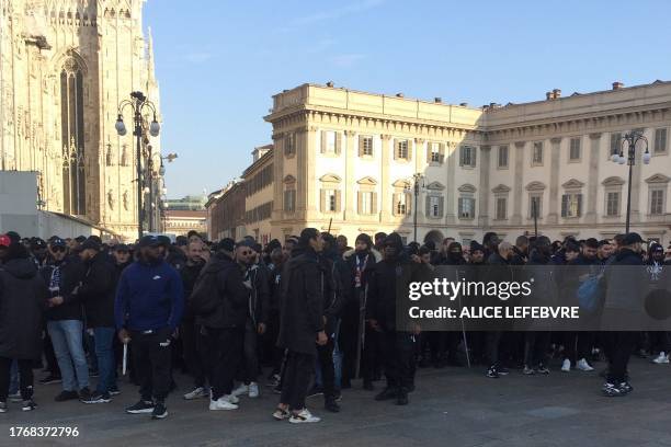 Paris Saint-Germain's supporters gather at Piazza Duomo in Milan on November 7, 2023 prior the Champions League football match against AC Milan at...