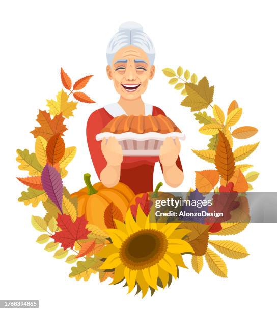 ilustraciones, imágenes clip art, dibujos animados e iconos de stock de plantilla de invitación de acción de gracias. - abuela cocinando