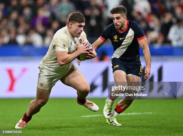 Theo Dan of England makes a break to score his team's second try during the Rugby World Cup France 2023 Bronze Final match between Argentina and...