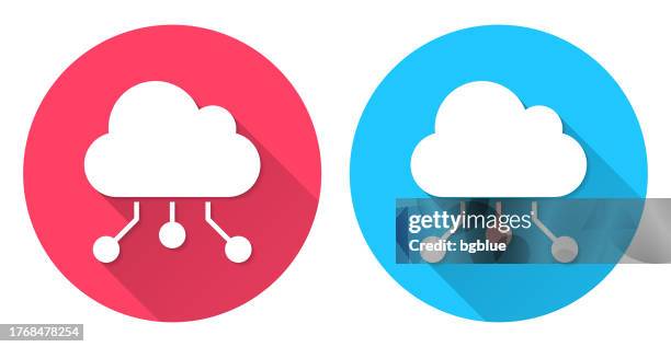 cloud computing. round icon with long shadow on red or blue background - cloud network stock illustrations