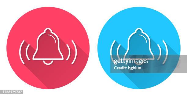 ringing bell. round icon with long shadow on red or blue background - notification bell stock illustrations