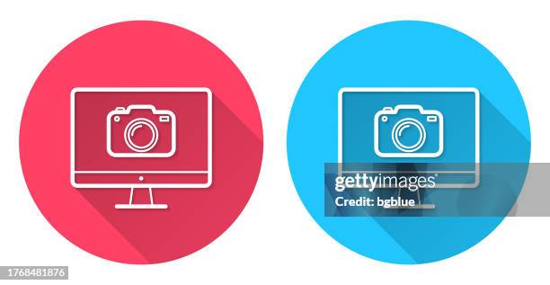 desktop computer with camera. round icon with long shadow on red or blue background - digital camera interface stock illustrations