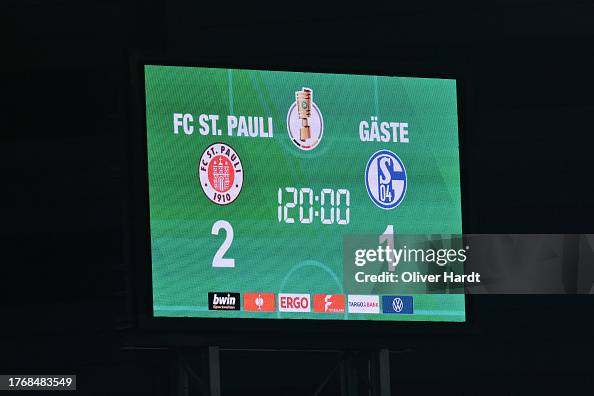Score Line The 2-1 scoreline is displayed on the scoreboard after the DFB cup ...
