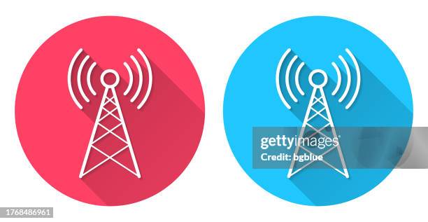 antenna. round icon with long shadow on red or blue background - cell tower stock illustrations