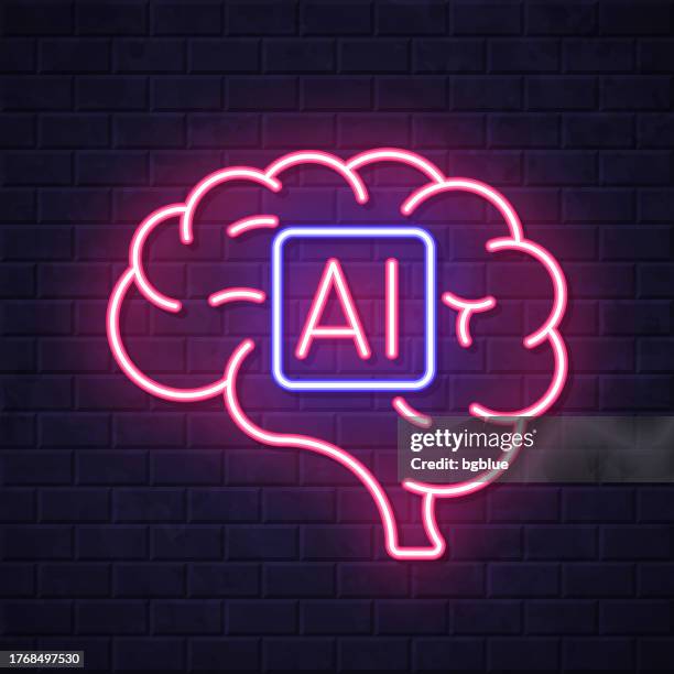 human brain with artificial intelligence ai. glowing neon icon on brick wall background - head against wall stock illustrations
