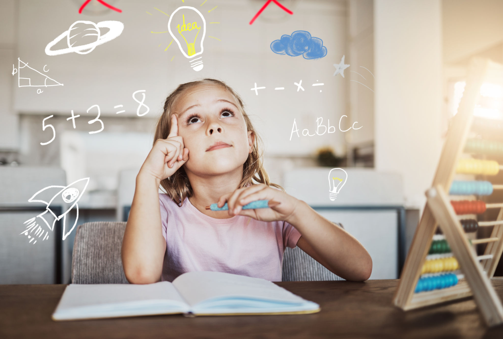 Child, thinking and homework with light bulb for learning math, numbers and creative ideas or solution at home. Girl or kid with school book and education doodle, brainstorming or imagination overlay Child, thinking and homework with light bulb for learning math, numbers and creative ideas or solution at home. Girl or kid with school book and education doodle, brainstorming or imagination overlay