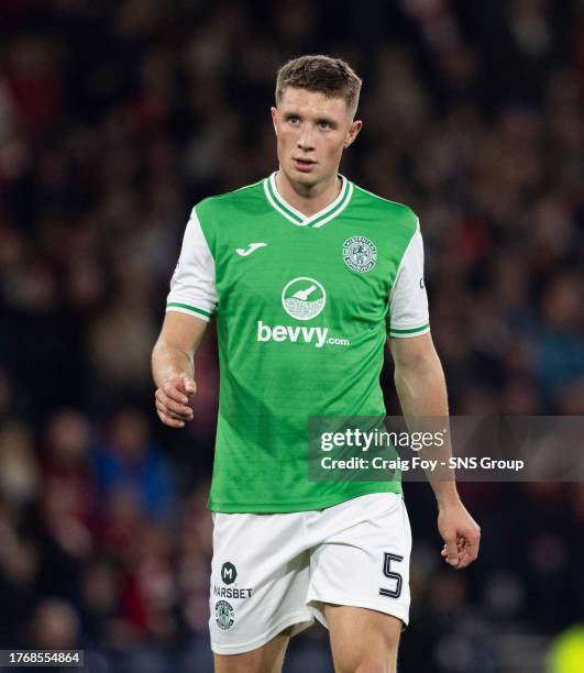 Will Fish in action for Hibernian during a Viaplay Cup semi-final match between Hibernian and Aberdeen at Hampden Park, on November 04 in Glasgow,...