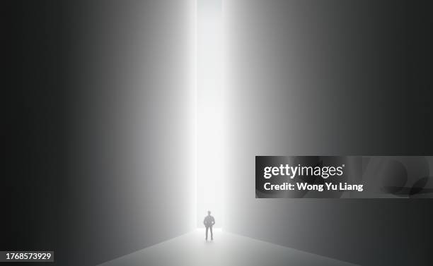 man walking to path with ray of lights ,3d render - dar passos largos imagens e fotografias de stock