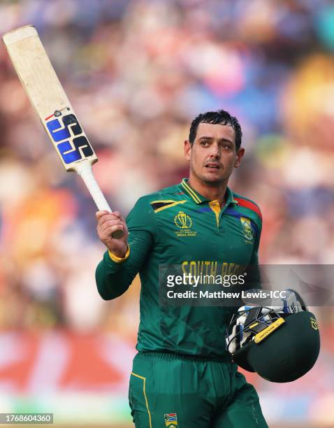 Quinton de Kock of South Africa makes their way off after being dismissed for 114 during the ICC Men's Cricket World Cup India 2023 between New...