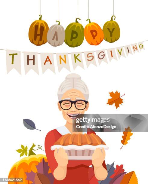 illustrations, cliparts, dessins animés et icônes de modèle d’invitation de thanksgiving. grand-mère a fait une tarte à la citrouille. - mamie cuisine