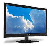 A widescreen TFT TV display with a blue sky on the screen