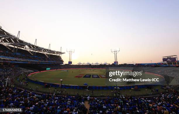 General view of play during the ICC Men's Cricket World Cup India 2023 between New Zealand and South Africa at MCA International Stadium on November...