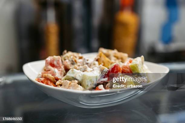 salade de viande gyros dans une assiette lors d’un diner - tzatziki photos et images de collection