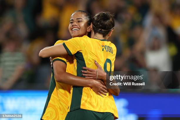 Mary Fowler of the Matildas celebrates with team mates after scoring a goal during the AFC Women's Asian Olympic Qualifier match between Australia...