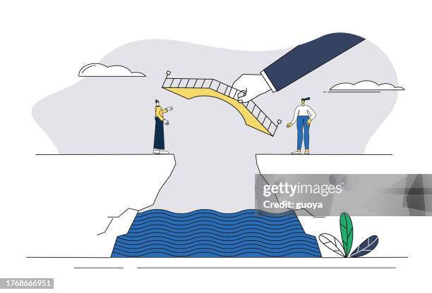 the giant helped two men build a bridge over a cliff. - business relationship stock illustrations