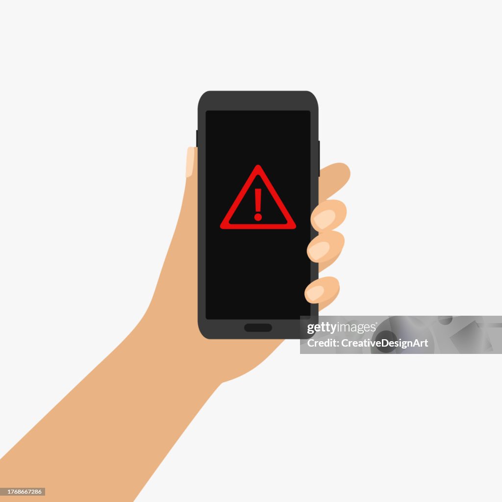Hand Holding Smartphone With Red Attention Alert Sign On Screen ...